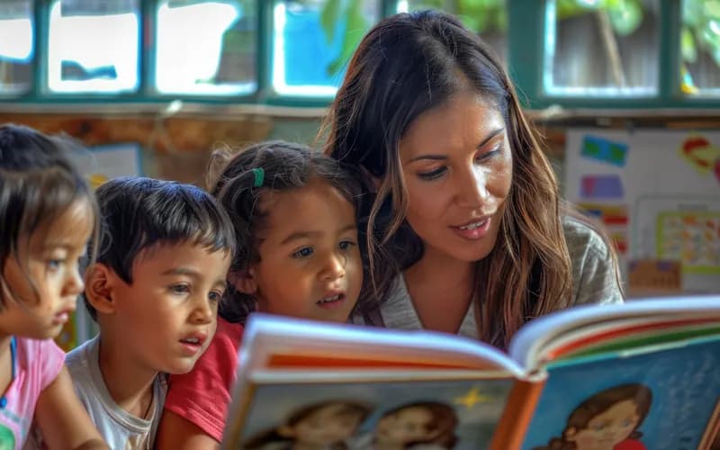Professora lendo um livro ilustrado para crianças pequenas